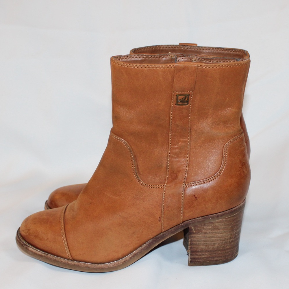 Sperry Women’s Leather Ankle‎ Boots Brown Size 7M Zip Block Heel Boho Western
